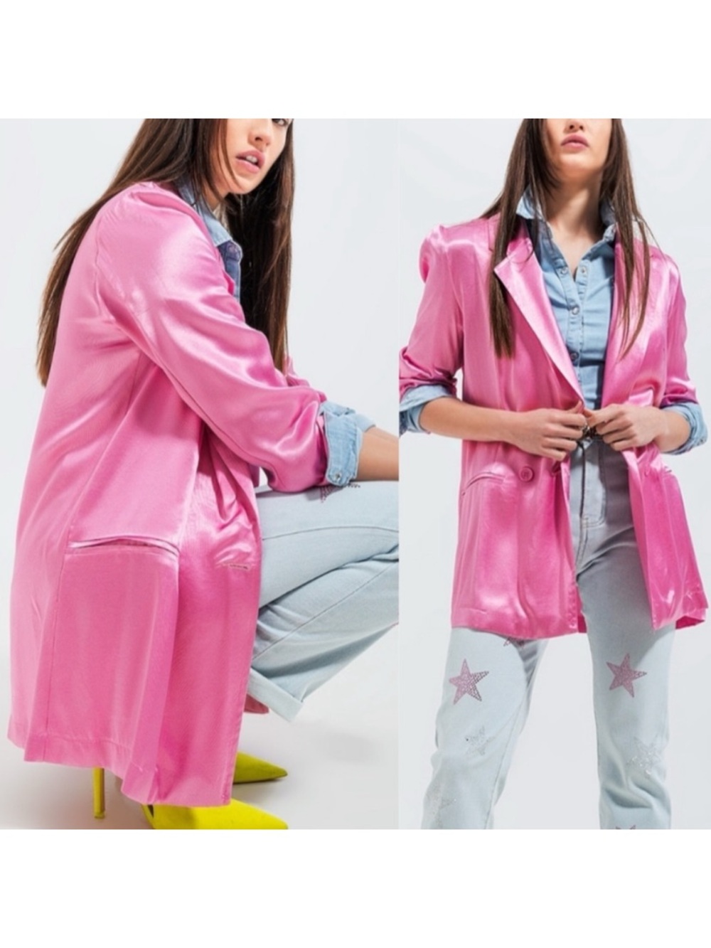 Q2 Pink Satin Blazer NWT Barbiecore silky texture party